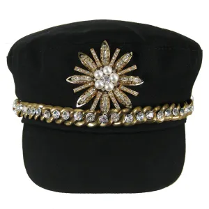 #1003h Black Newsboy Cap With Gold Tone Chain, Rhinestone & Pearl Embellishment