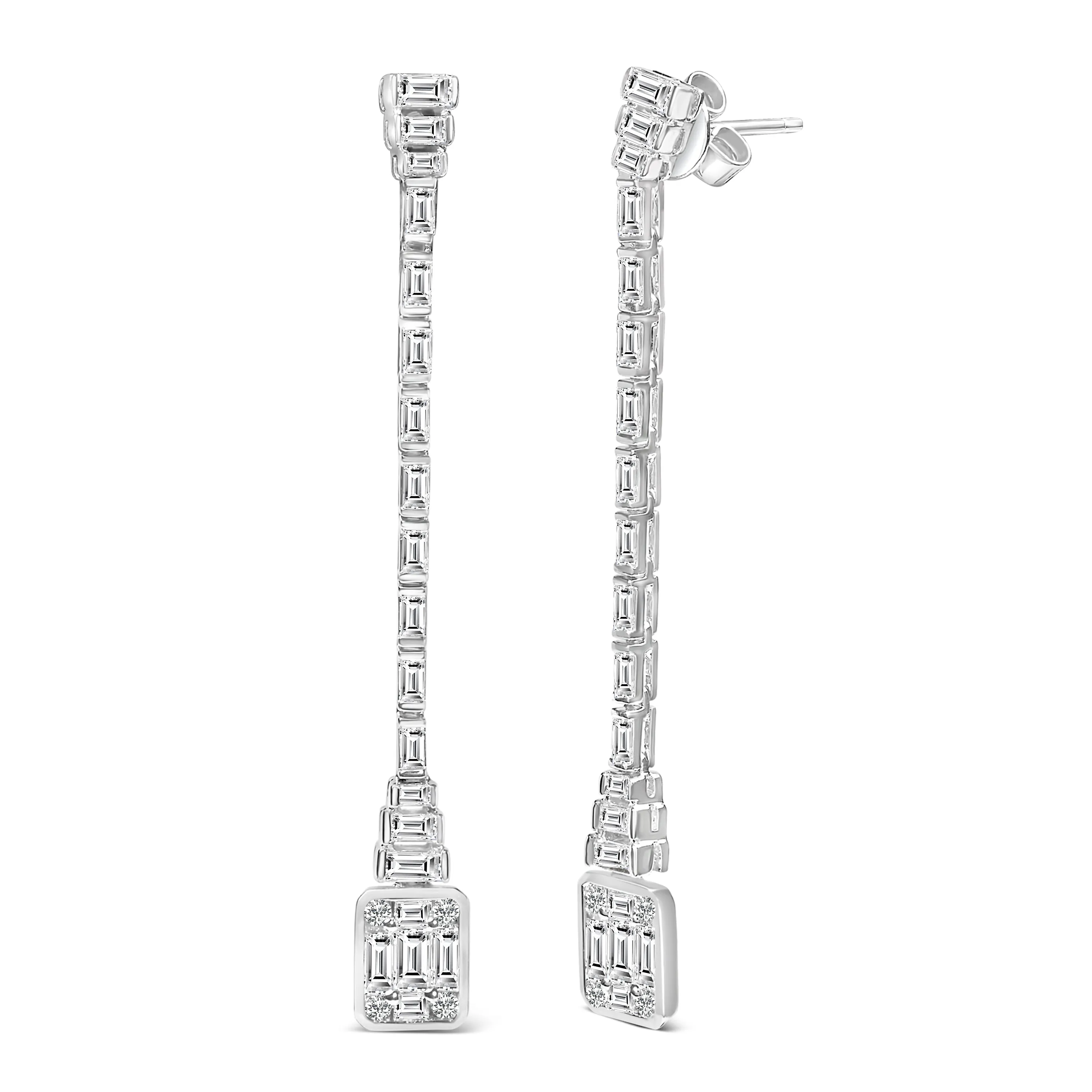 14K White Gold 1 1/2 Cttw Baguette Diamond Composite Mosaic 2" Inch Drop Earrings