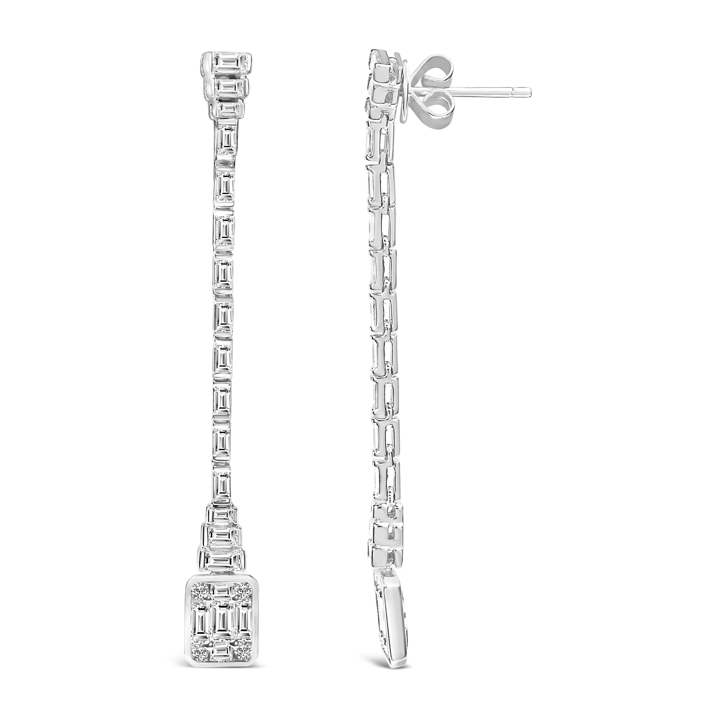 14K White Gold 1 1/2 Cttw Baguette Diamond Composite Mosaic 2" Inch Drop Earrings