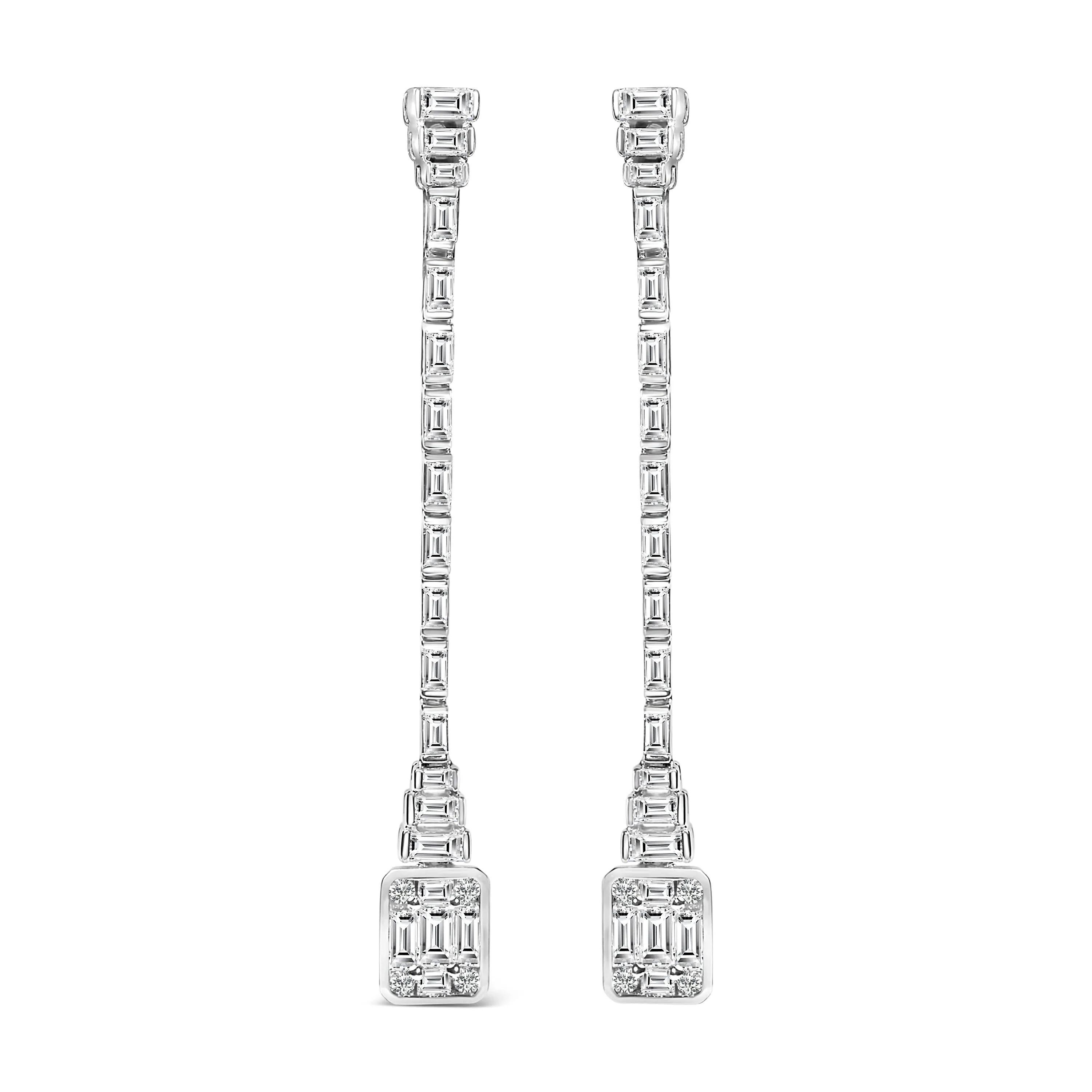 14K White Gold 1 1/2 Cttw Baguette Diamond Composite Mosaic 2" Inch Drop Earrings