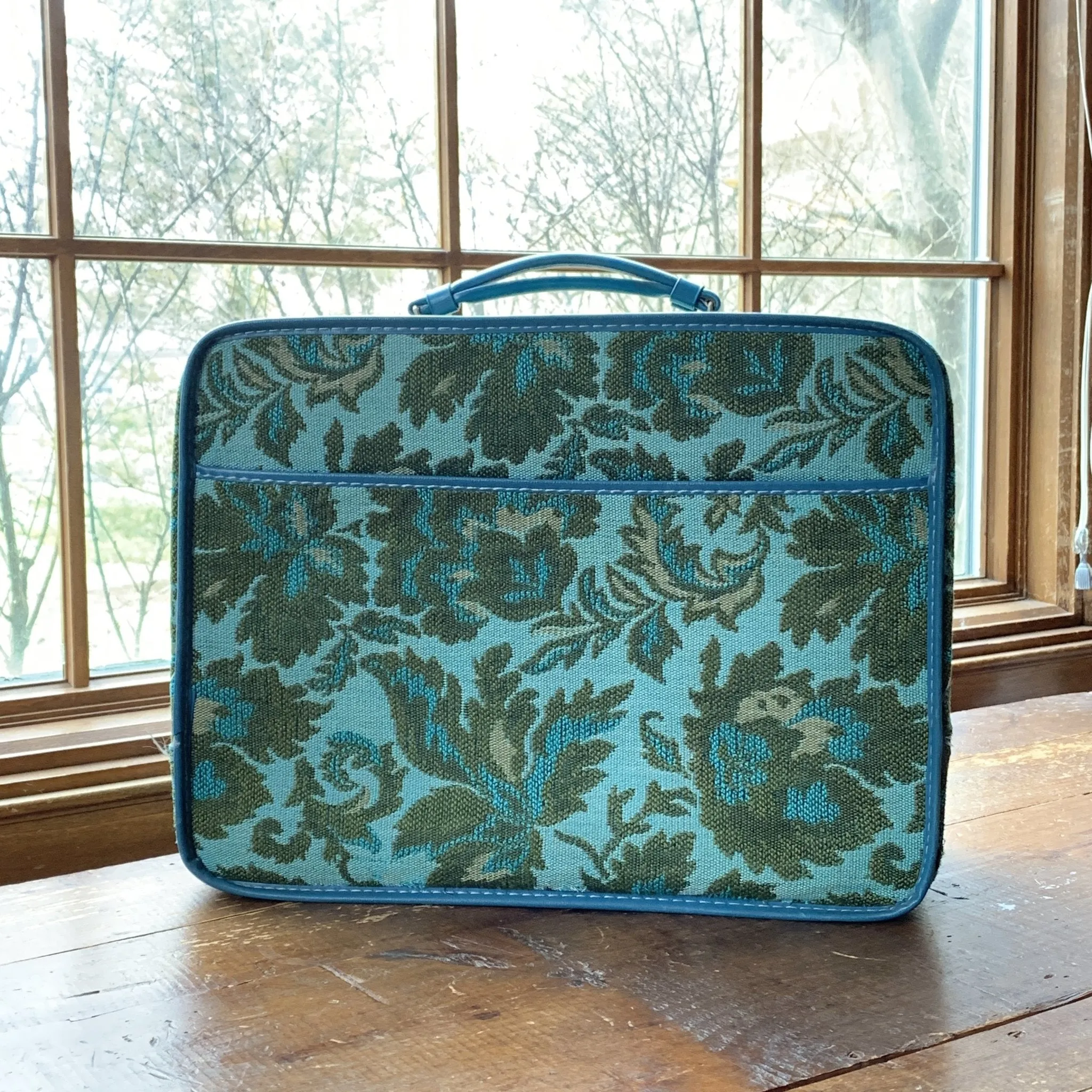 1950s Tapestry Suitcase a in Bright Turquoise and Green Brocade Floral Pattern. Perfect Overnight Bag