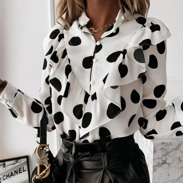 2021 Casual Button-Up Ladies Office Top Long Sleeve Ruffle Blouse Size S