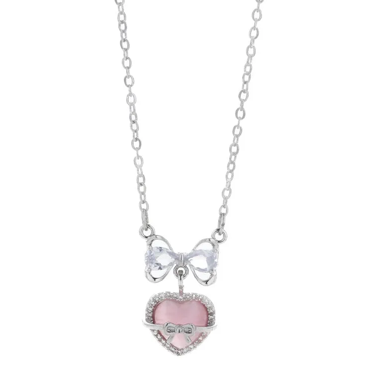 Beautiful Luxury Jewelry Pink Heart Bow Shaped Pendant Necklace