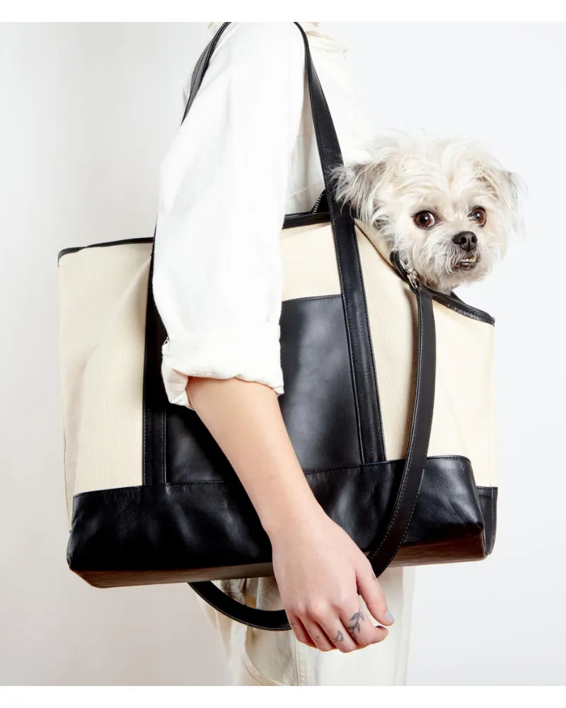 Black Leather & Natural Canvas Luxe Dog Carrier (Made in Mexico)(Dog & Co. Exclusive) (FINAL SALE)