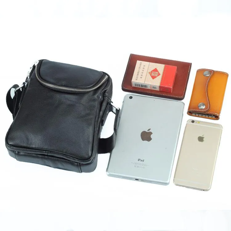 Black LEATHER MENS 8-inch Phone Small Vertical Side Bag Black COURIER BAG MESSENGER BAG FOR MEN