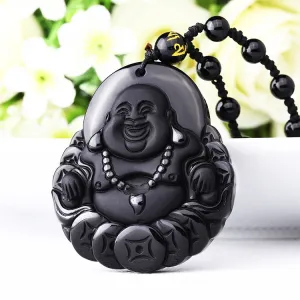 Black Obsidian Carved Necklace God Fortune Noble Eightfold 8 Fold Path Buddha Necklace