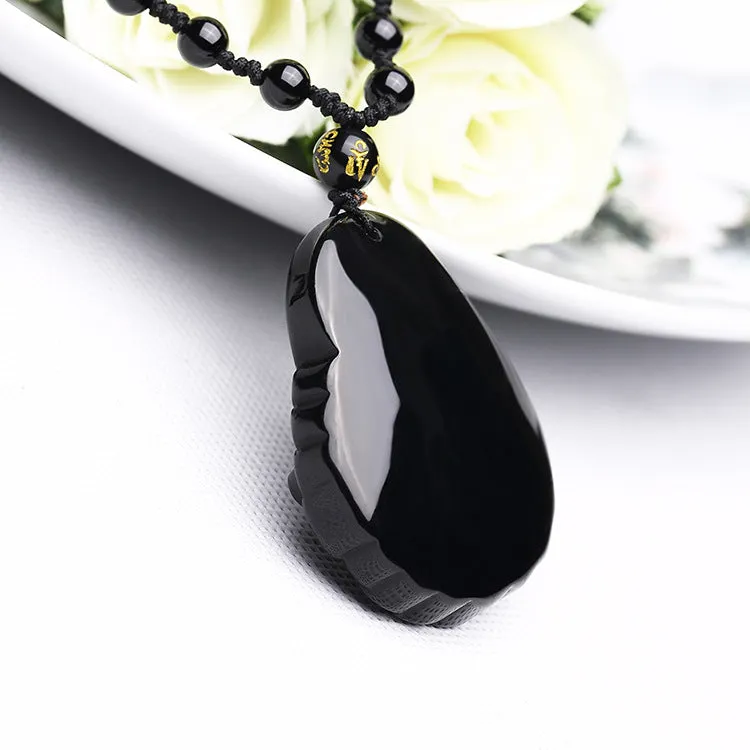 Black Obsidian Carved Necklace God Fortune Noble Eightfold 8 Fold Path Buddha Necklace