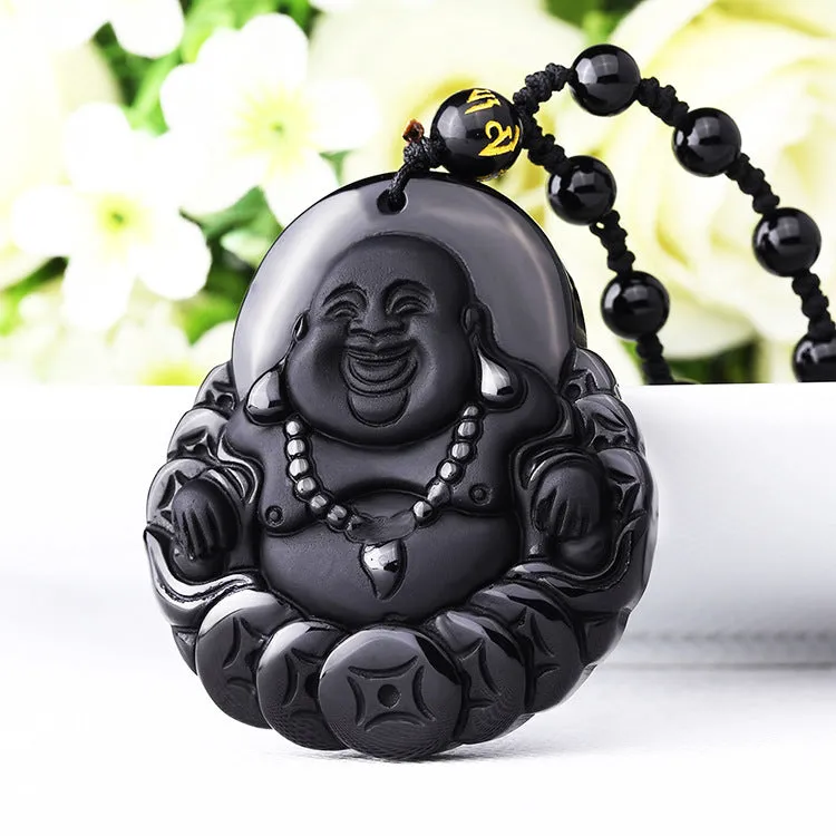 Black Obsidian Carved Necklace God Fortune Noble Eightfold 8 Fold Path Buddha Necklace