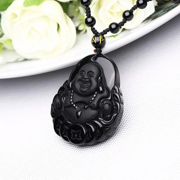 Black Obsidian Carved Necklace God Fortune Noble Eightfold 8 Fold Path Buddha Necklace