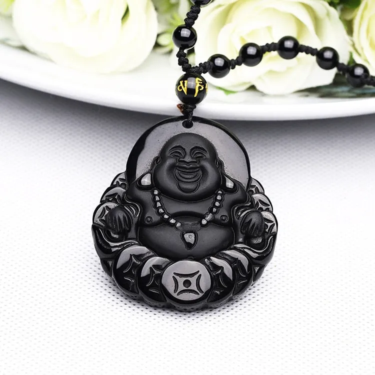 Black Obsidian Carved Necklace God Fortune Noble Eightfold 8 Fold Path Buddha Necklace