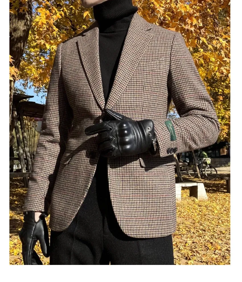 Bohemian Chic Wedding Guest Men Attire Woolen Plaid Retro Casual Slim Fit Suit Jacket Fashion