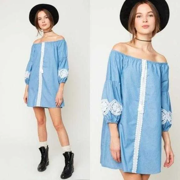 Boho Beauty Blue Off Shoulder Dress