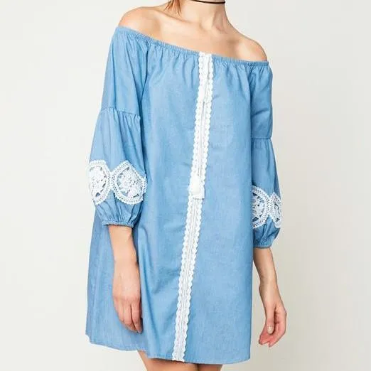 Boho Beauty Blue Off Shoulder Dress