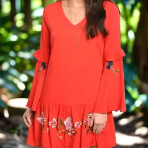 Boho Beauty Embroidered Details Red Dress