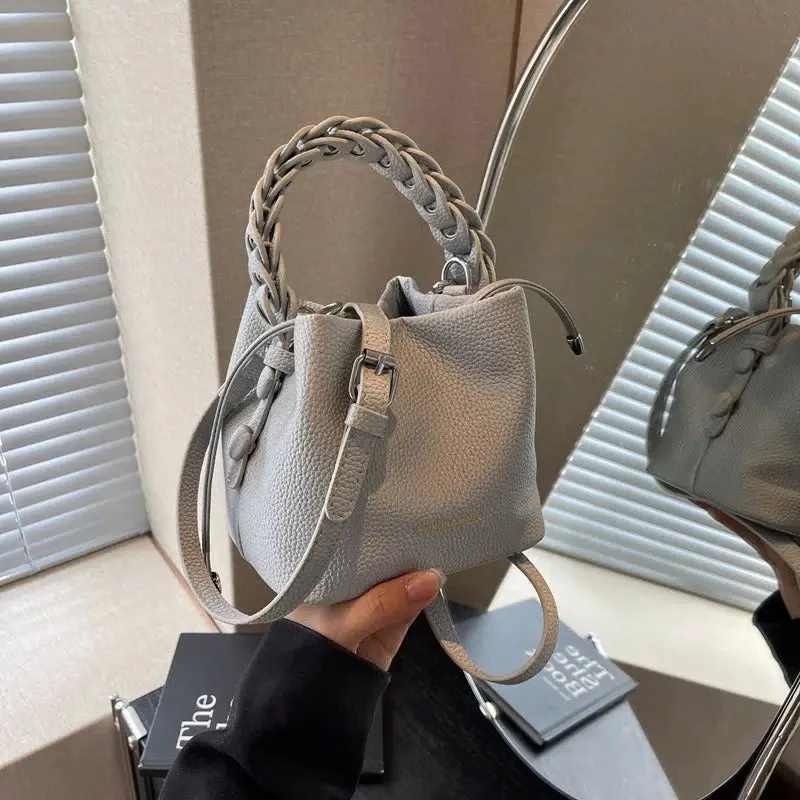 Braided Handle Pebbled Leather Bucket Bag