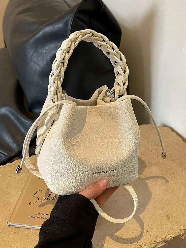 Braided Handle Pebbled Leather Bucket Bag