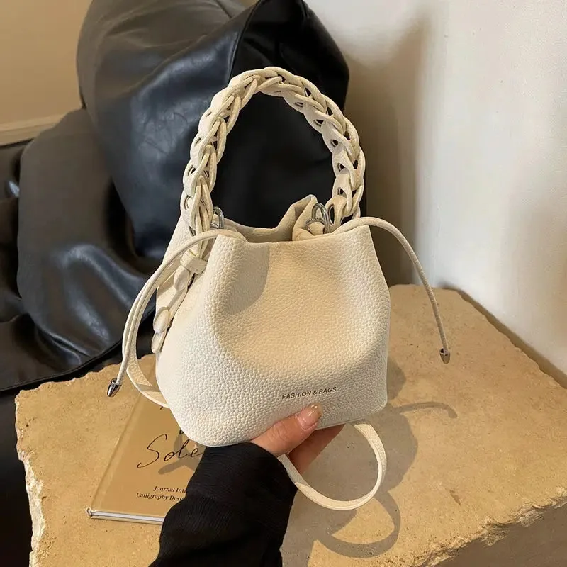 Braided Handle Pebbled Leather Bucket Bag