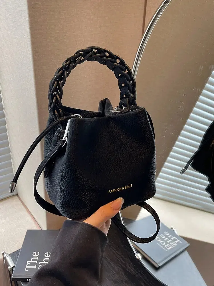 Braided Handle Pebbled Leather Bucket Bag