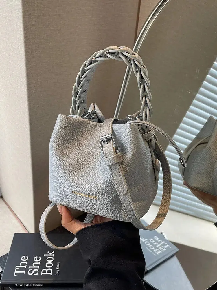 Braided Handle Pebbled Leather Bucket Bag