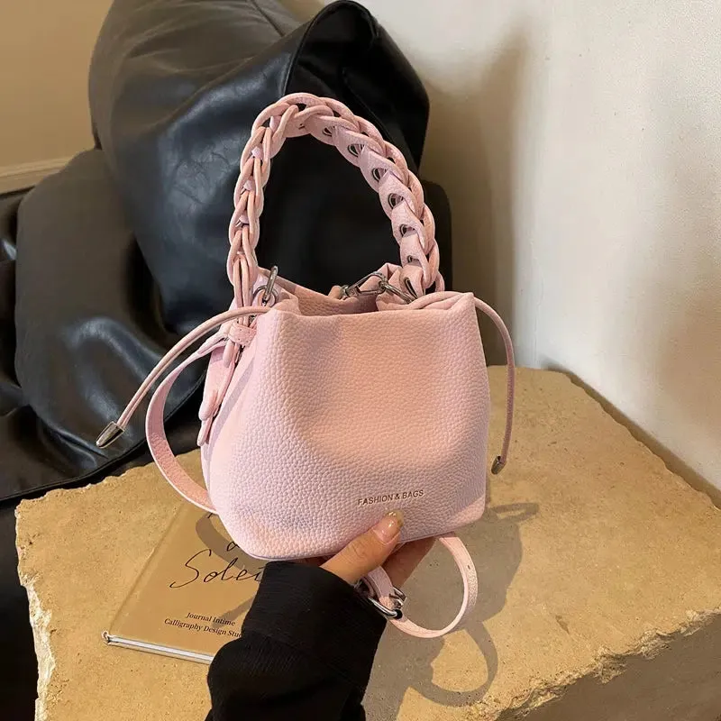 Braided Handle Pebbled Leather Bucket Bag