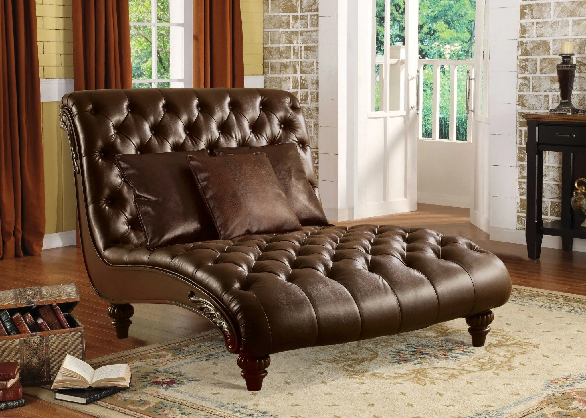 BROWN UPHOLSTERY WOOD CHAISE WITH 3 PILLOWS