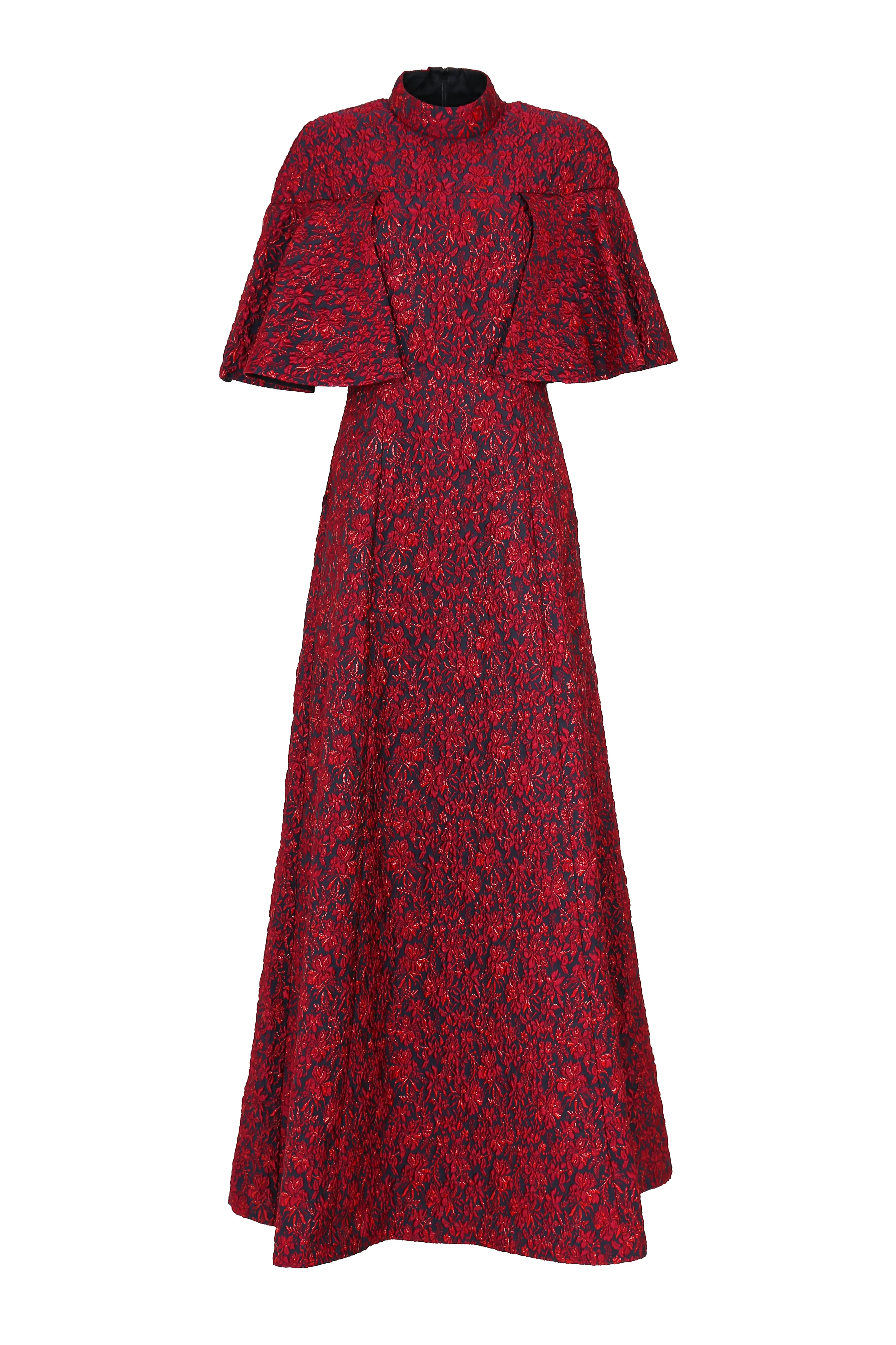 Burgundy jacquard trumpet sleeve dress