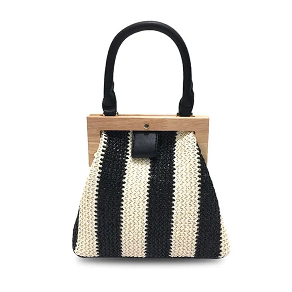 Christmas Gift Vintage Wooden Clip Women Handbags Designer Straw Bags Luxury Rattan Shoulder Crossbody Bag Wicker Woven Summer Beach Purse 2019