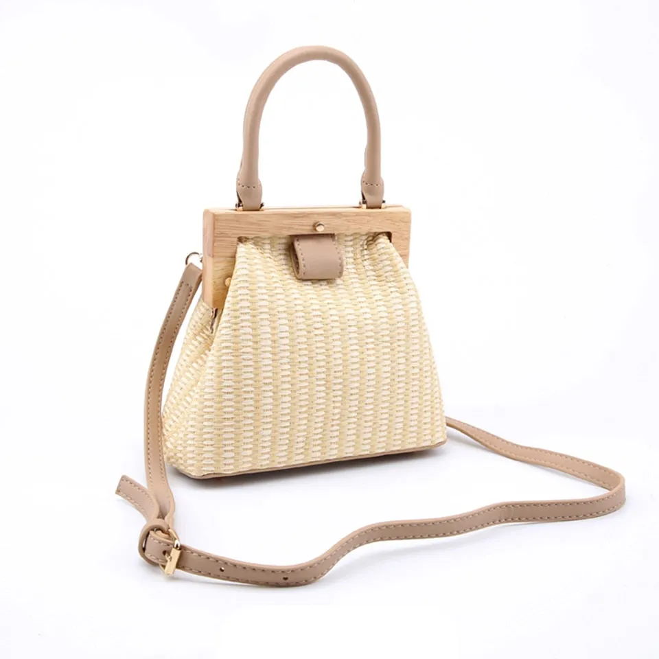 Christmas Gift Vintage Wooden Clip Women Handbags Designer Straw Bags Luxury Rattan Shoulder Crossbody Bag Wicker Woven Summer Beach Purse 2019