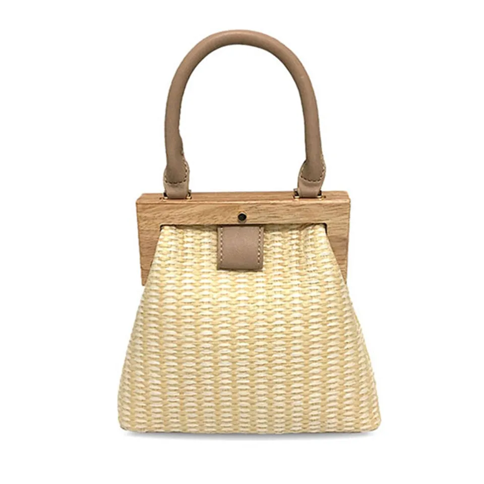 Christmas Gift Vintage Wooden Clip Women Handbags Designer Straw Bags Luxury Rattan Shoulder Crossbody Bag Wicker Woven Summer Beach Purse 2019