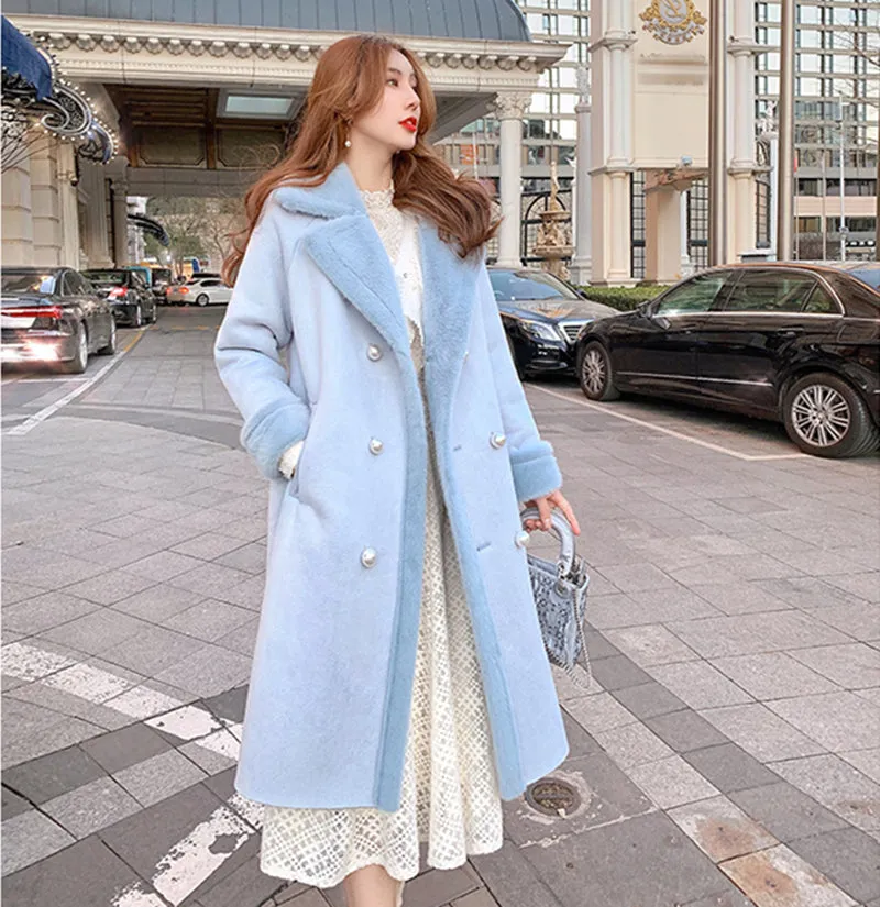 Classic Luxury Neck Strap Woolen Pink Blue Coat