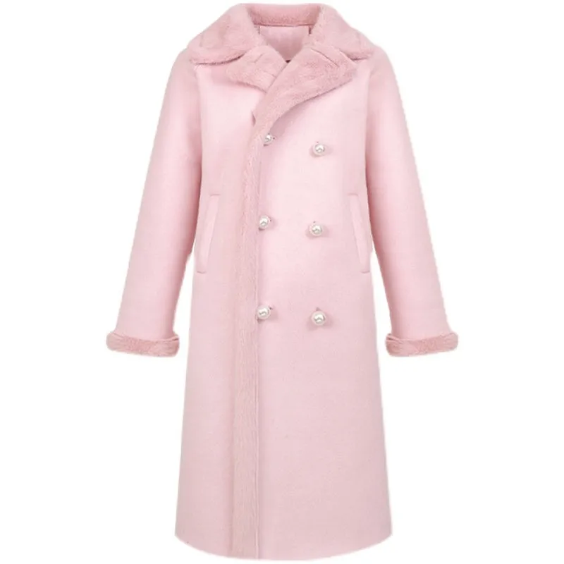 Classic Luxury Neck Strap Woolen Pink Blue Coat