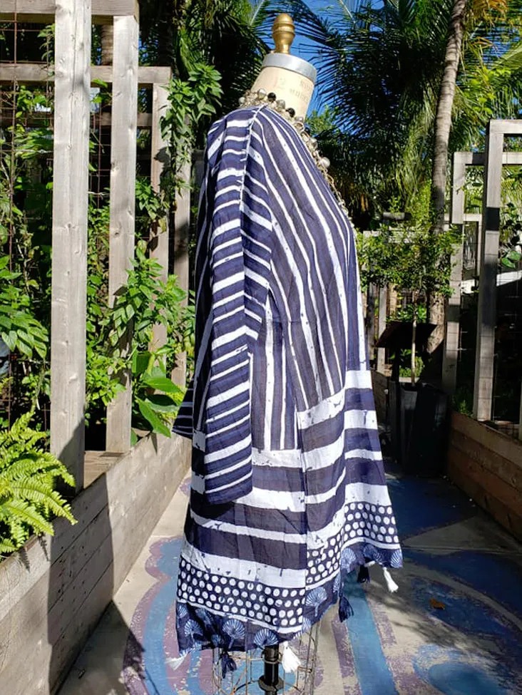 Cotton Kimono Caftan Shells and Stripes with Tassels