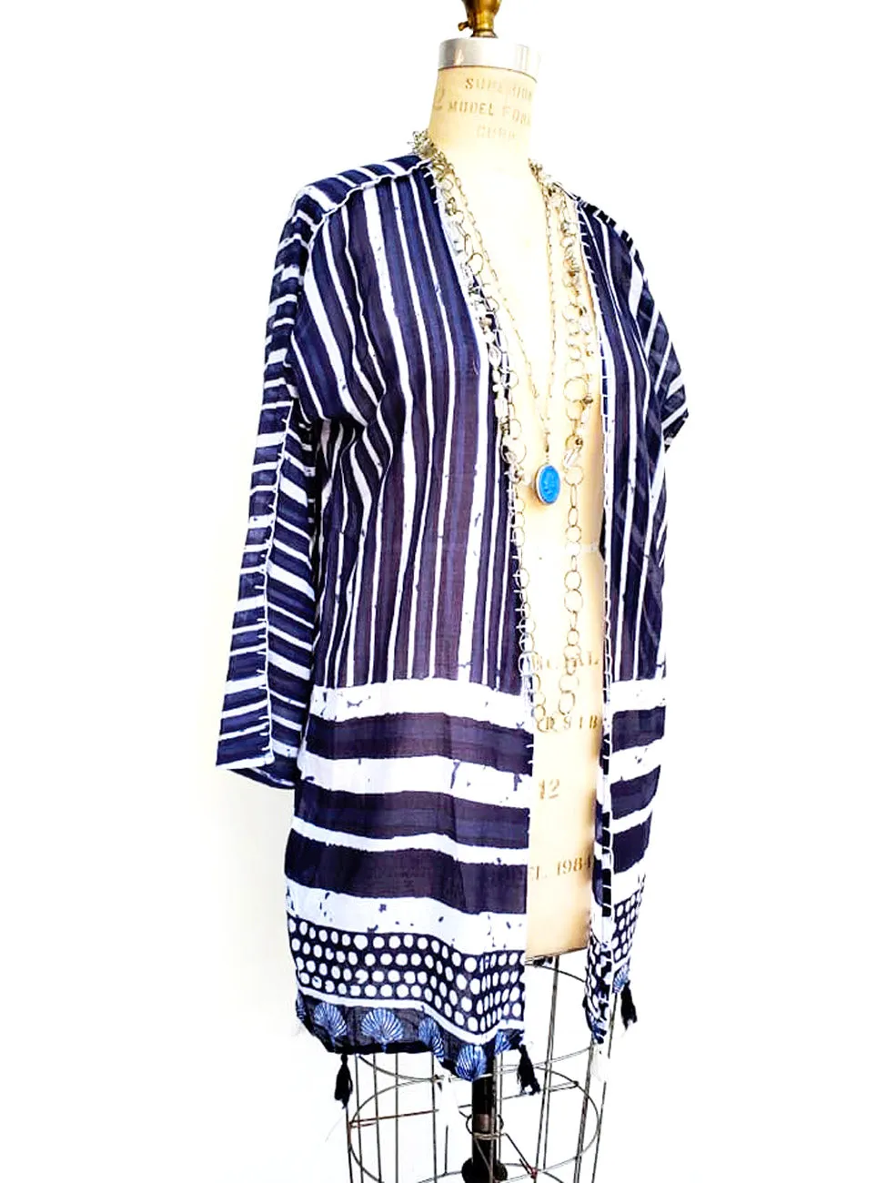 Cotton Kimono Caftan Shells and Stripes with Tassels