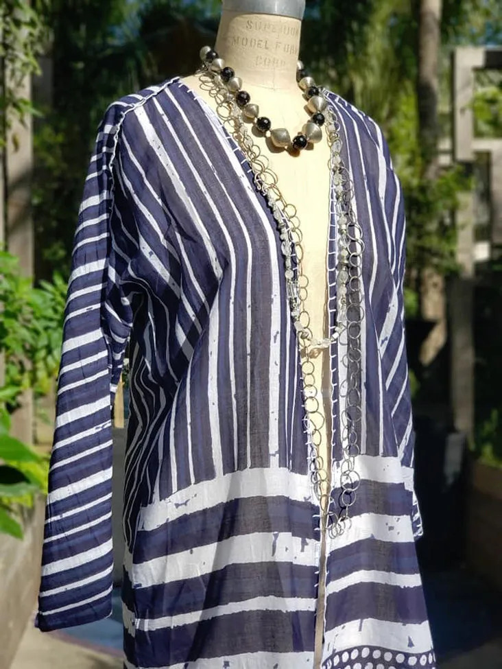 Cotton Kimono Caftan Shells and Stripes with Tassels