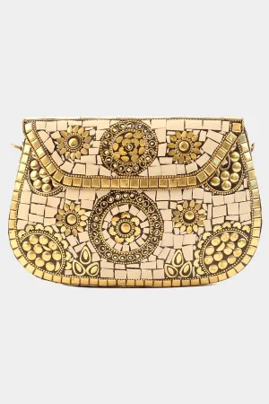 Cream Flower Patterned Clutch