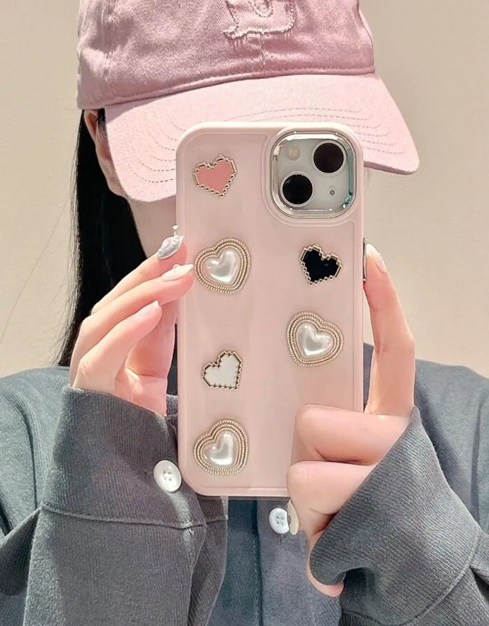 Cute Kawaii Simple Solid Pink Decoden Studded Hearts Pearls Design Protective Shockproof iPhone Case for iPhone 11 12 13 14 15 Pro Max Case