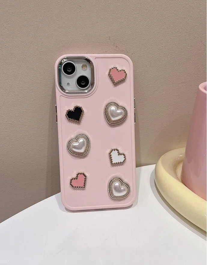 Cute Kawaii Simple Solid Pink Decoden Studded Hearts Pearls Design Protective Shockproof iPhone Case for iPhone 11 12 13 14 15 Pro Max Case