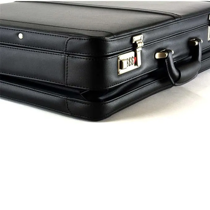 Dazzlo Men's Expandable Leather Attache Briefcase with Dual Combination Locks - Genuine Leather - Black - 19"