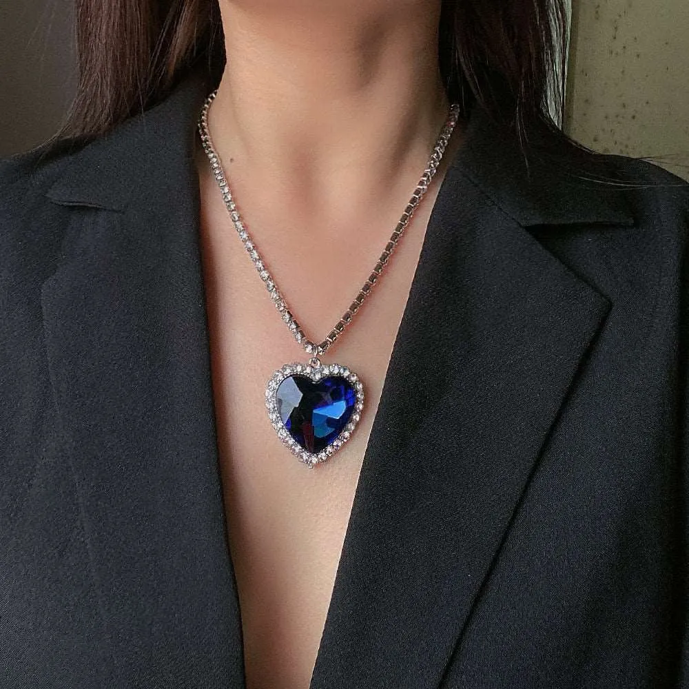 Deep Sea Ocean Blue Heart Sapphire Diamond Silver Chain Pendant Necklace