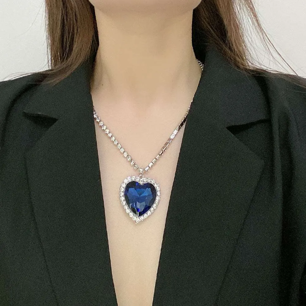 Deep Sea Ocean Blue Heart Sapphire Diamond Silver Chain Pendant Necklace