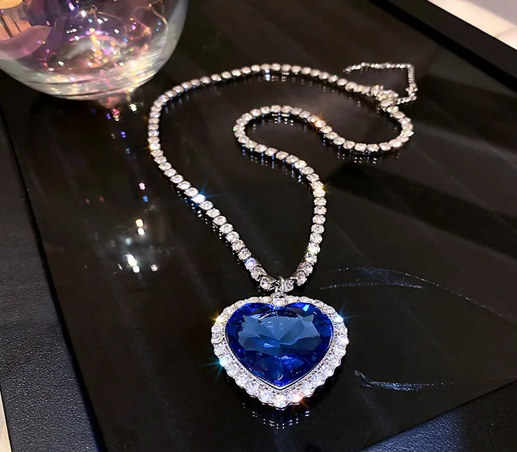 Deep Sea Ocean Blue Heart Sapphire Diamond Silver Chain Pendant Necklace