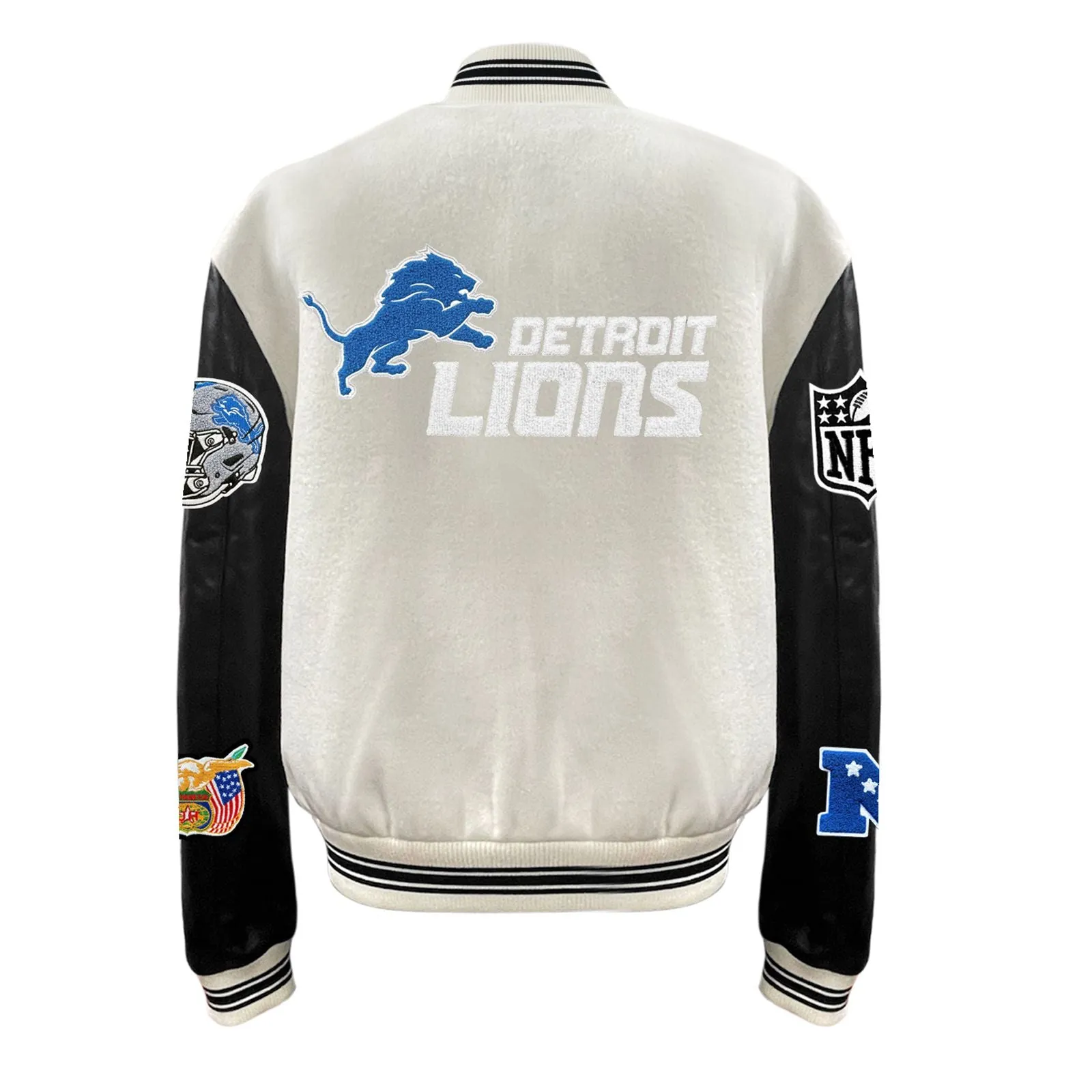 DETROIT LIONS WOOL & LEATHER VARSITY JACKET WHITE / BLACK RIB KNIT