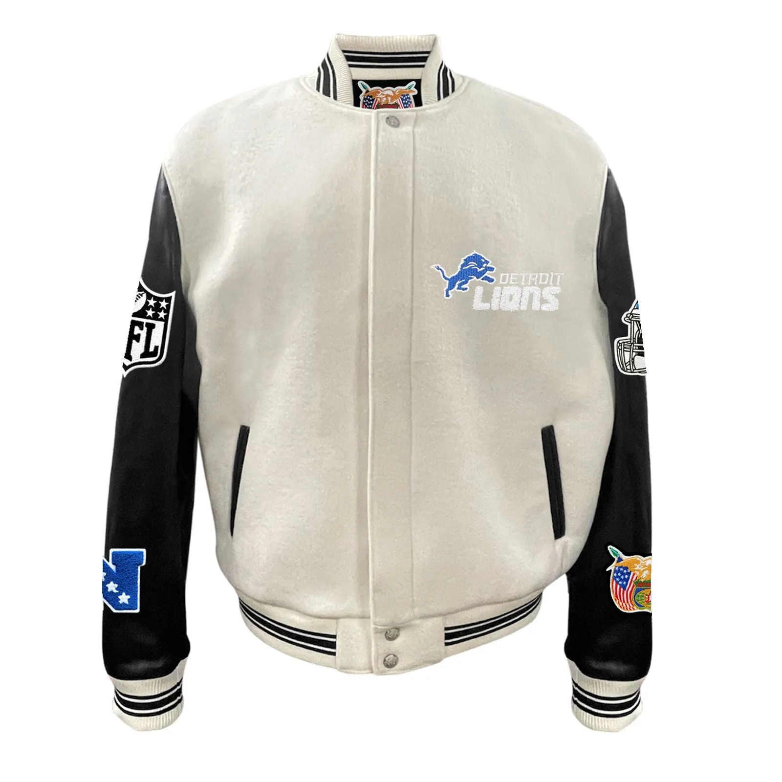 DETROIT LIONS WOOL & LEATHER VARSITY JACKET WHITE / BLACK RIB KNIT