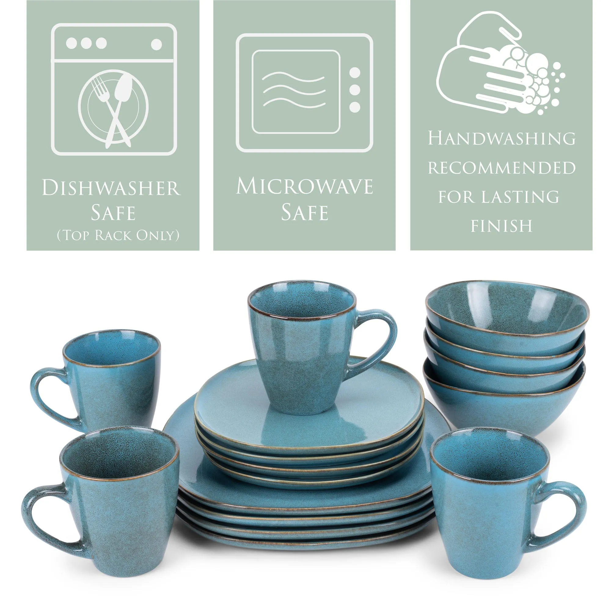 Elanze Designs Modern Chic Smooth Ceramic Stoneware Dinnerware 16 Piece Set - Service for 4, Turquoise