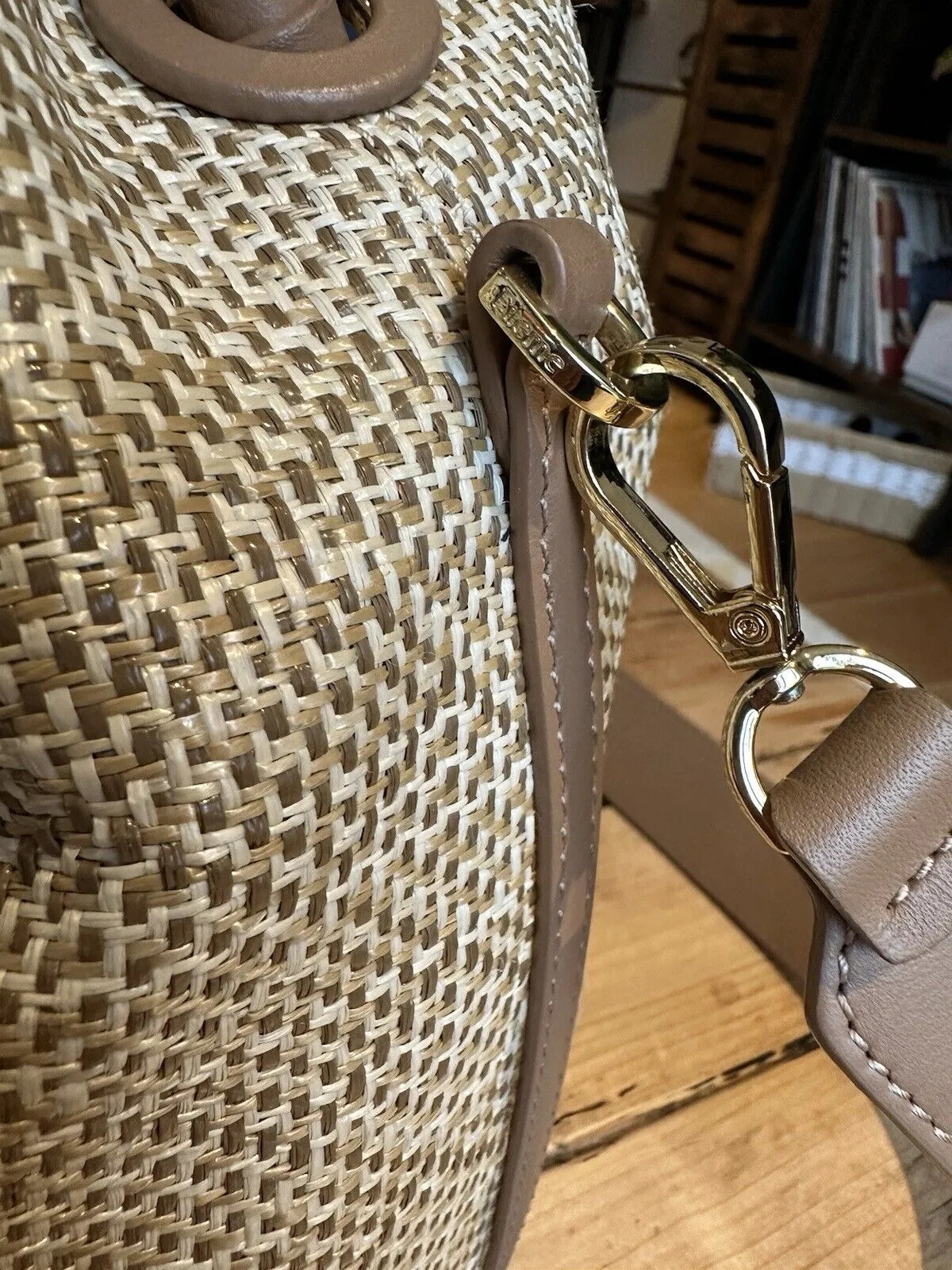 Elleme beige leather & straw small shoulder bag