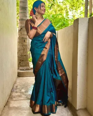 Flamboyant Rama Soft Silk Saree With Ebullience Blouse Piece