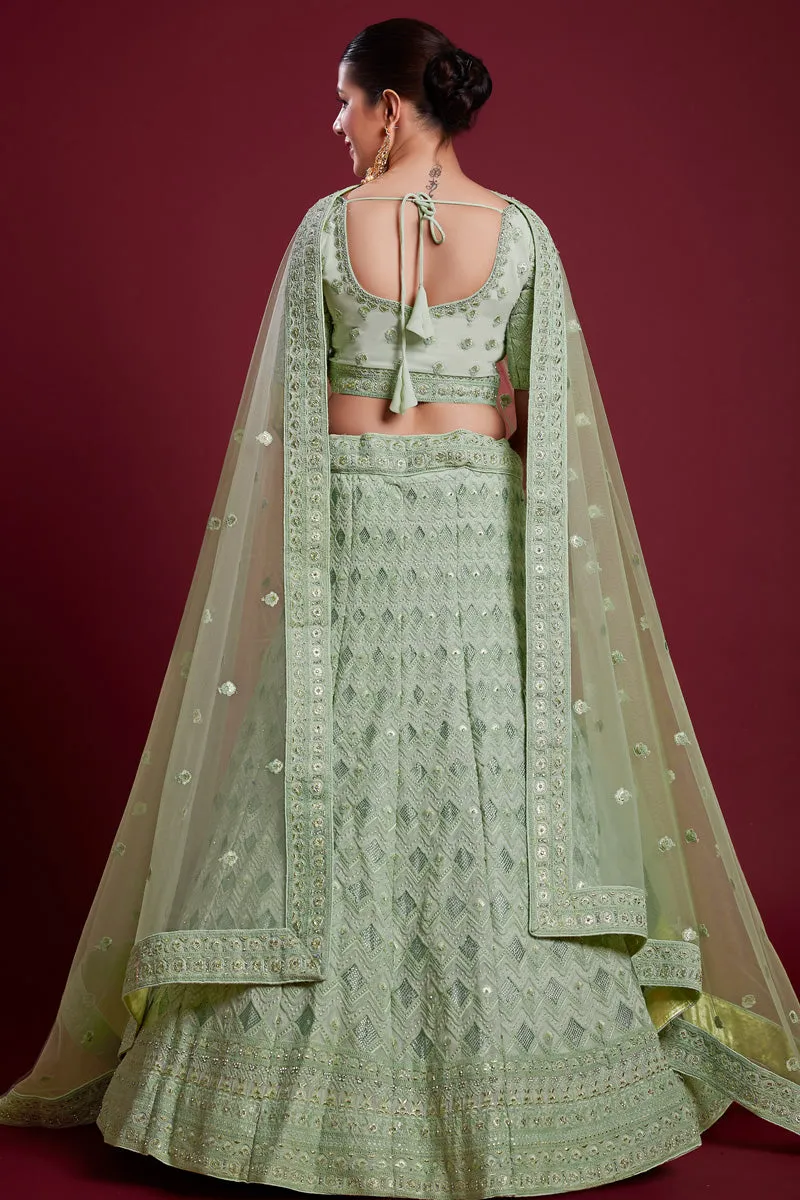 Glamorous Sea Green Georgette Lehenga With Zarkan Work and Thread Work