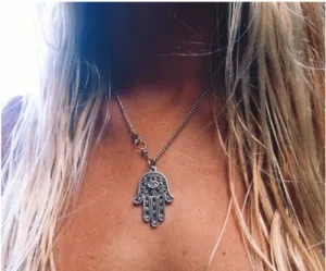 Hamsa Necklace Silver Tone Protection From The Evil Eye Hamesh Amulet Hand Of Mary Good Luck Buddha Mudra Yoga Meditation