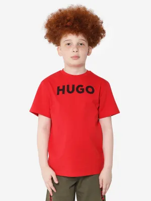 Hugo Boys Organic Cotton Logo Print T-Shirt in Red