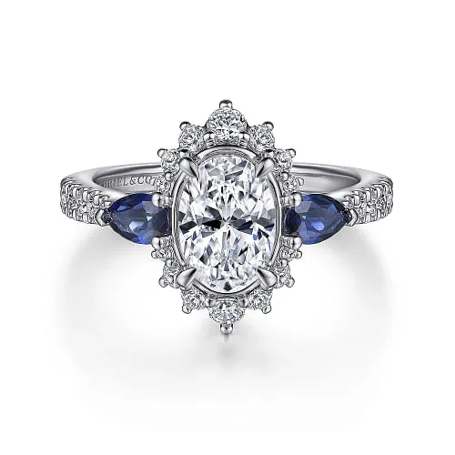 June - 14K White Gold Fancy Three Stone Halo Sapphire and Diamond Engagement Ring